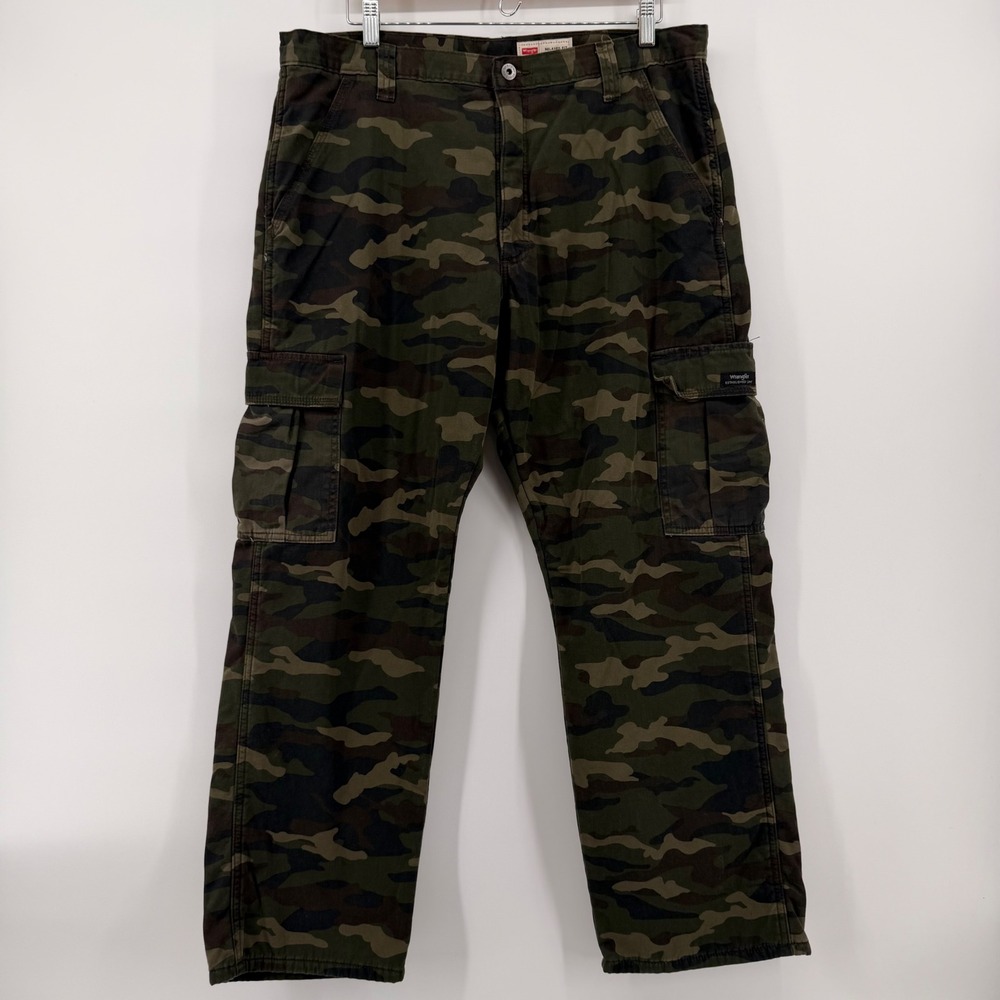 Wrangler Mens Relaxed Fit Fleece Lined Camo Cargo Pants 36x30 Green Camouflage